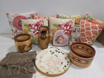 Mixed Home Decor Lot&mdash;Handmade Wooden Bowls, Embroidery, 6 Pillows, Knit Throw, Sterilite Tote 33 Gal
