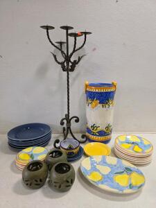 Hand-Painted Ceramic Dinnerware Set with Wrought Iron Candelabra