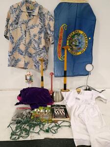 Assorted D&eacute;cor & Apparel Lot: Nutcracker, Idaho Flag, Desk Lamp, Taekwondo Uniform