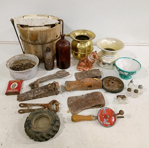 Vintage Collectibles Lot: Clorox Bottle, Prince Albert Tin, Tools, Spittoon, Firestone Wheel, 18 pcs