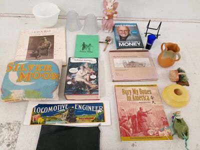 Mixed Vintage & Collectible Household Lot with Books, Labels, Pottery, Glassware, and Figurines