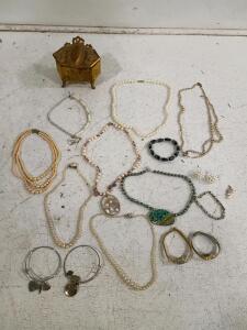 Vintage Jewelry Lot with Waltham Watches and Ornate Gold-Tone Jewelry Box