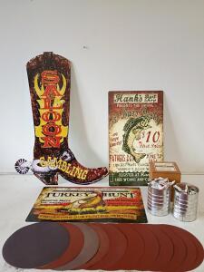 Americana Decor Lot: 3 Vintage-Style Wall Signs, George Burns Cigar Box, Sanding Discs, Fasteners