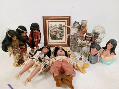 Lot of 14 Native American Dolls, Chalkware Figurines & Art Print - 1980s-90s, Beaded Details