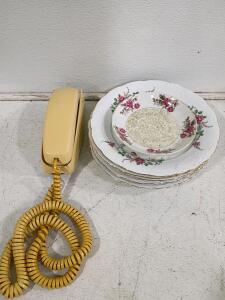 Winfield China 6-Piece Floral Plate Set & 1980s AT&T Trimline Push-Button Phone