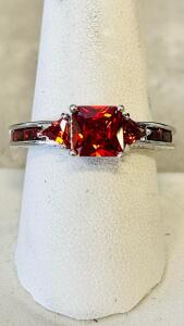 9 Stone Ruby Ring, Size 9, Princess & Baguette Cuts, Ornate Gallery, Prong & Channel Setting