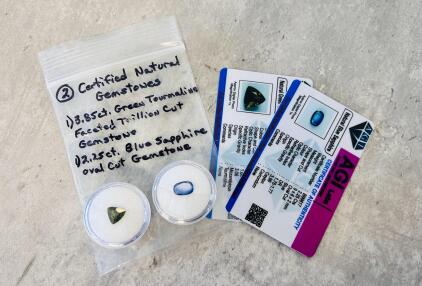 Natural Green Tourmaline 3.85Ct Trillion Cut & Blue Sapphire 2.25Ct Oval, AGI Certified, Ceylon/Mozambique