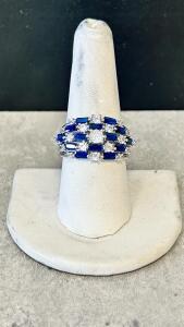 Multi-Row Size 9 Blue & White Sapphire Baguette Ring, Prong Setting