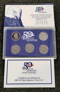 2001 U.S. Mint 50 State Quarters Proof Set &ndash; NY, NC, RI, VT, KY, Original Box & COA