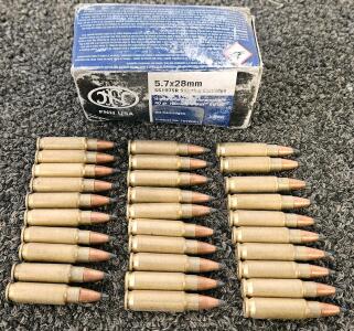 FNH USA SS197SR 5.7x28MM, 40Gr Hornady V-Max, 50 Rounds, Sporting, Product No: 10700017, Brass