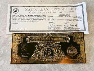 2015 National Collector's Mint $2 Gold Leaf Certificate Tribute, 22K, COA, Stand, Serial AA0258