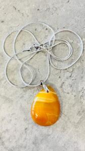 Natural 41.65Ct Yellow Fire Agate Teardrop Pendant Necklace, 24&rdquo; Snake Chain, Silver Tone