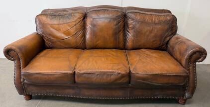 Vintage 3-Seater Brown Leather Sofa With Rolled Arms, Nailhead Trim, And Turned Wood Feet