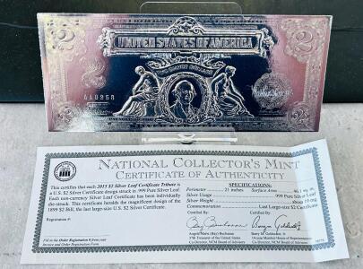 2015 $2 Silver Certificate Tribute, .999 Silver Leaf, National Collector's Mint, COA, Serial AA0258