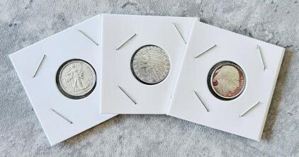 1/10 Oz .999 Fine Silver Rounds &ndash; Walking Liberty, Indian Head, Buffalo Designs, Set Of 3