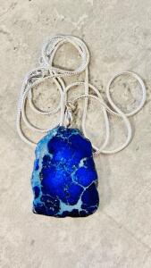63.15Ct Dark Blue Sea Sediment Jasper Freeform Slice Pendant Necklace, 24In Silver-tone Chain