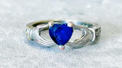 Claddagh-Style Sterling Silver Ring With Heart-Shaped Blue Stone & Accent Stones, Size 6