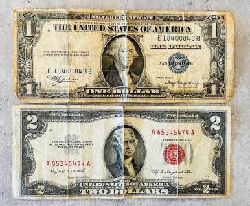 Vintage $1 1935A Silver Certificate E18400843B & $2 1953B Red Seal Note A65346474A, Circulated