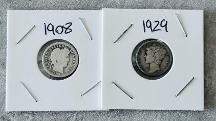 1908 Barber Dime & 1929 Mercury Dime, 90% Silver, U.S. Coins, Circulated Condition