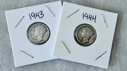 1943 And 1944 Mercury Dimes, 90% Silver, Circulated, US Mint, Key WWII Era Collectibles
