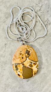 81.45Ct Picture Jasper Gemstone Pendant, 24 Inch Silver Snake Chain Necklace