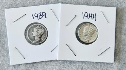 1939-D & 1944 Mercury Silver Dimes, 90% Silver, Key Dates, Adolph Weinman Design