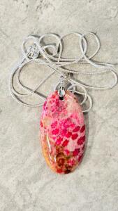 Natural Peachblow Chrysanthemum Coral Oval Pendant, 56.40Ct, 24" Necklace, Snake Chain