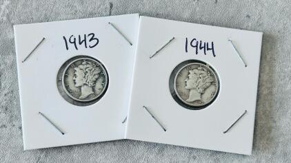 1943 & 1944 Mercury Dimes, 90% Silver, Winged Liberty Head Design, Philadelphia Issue