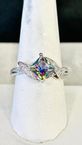 9 Mystic Rainbow Topaz Princess Cut Ring With CZ Accents