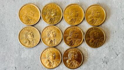 Sacagawea Dollar Coins, 2000&ndash;2006, P & D Mint Marks, Set Of 10, $1 US Manganese-Brass Clad