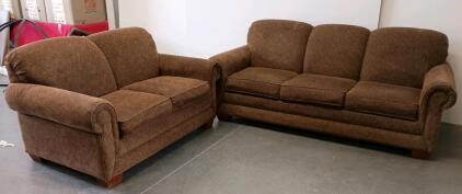 Brown Fabric Sofa And Loveseat Set, Rolled Arm Traditional Style, Block Feet, 3 & 2 Seater