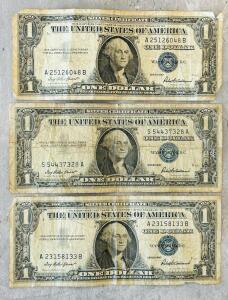 1957 Series U.S. Silver Certificate $1 Bills &ndash; Set Of Three, Circulated Condition