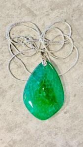Natural Green Dragon Veins Agate Teardrop Pendant Necklace 72.25Ct, 24" Silver Tone Chain