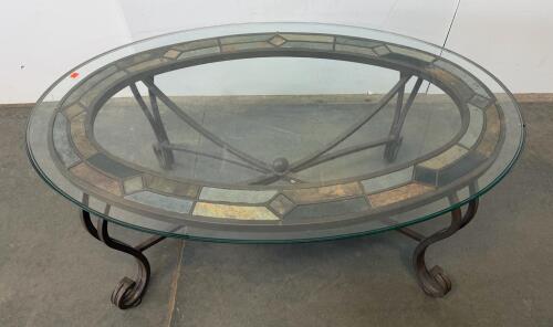 Oval Glass Coffee Table With Stone Inlay, Metal Frame, Scrolled Legs, Chip Flaw