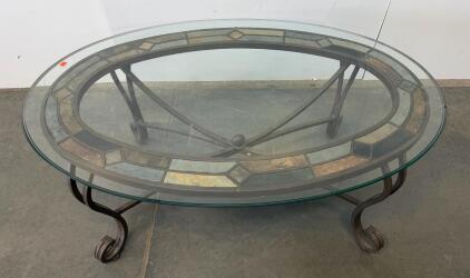 Oval Glass Coffee Table With Stone Inlay, Metal Frame, Scrolled Legs, Chip Flaw