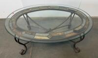 Oval Glass Coffee Table With Stone Inlay, Metal Frame, Scrolled Legs, Chip Flaw