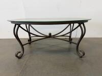 Oval Glass Coffee Table With Stone Inlay, Metal Frame, Scrolled Legs, Chip Flaw - 2