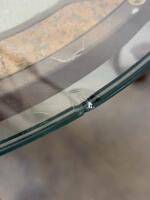 Oval Glass Coffee Table With Stone Inlay, Metal Frame, Scrolled Legs, Chip Flaw - 4