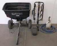 Tow-Behind Broadcast Spreader, Approx. 110 lb Capacity, Adjustable Flow Control, Allen Bike Rack, Sprayer With 30Ft Hose, Welding Helmet