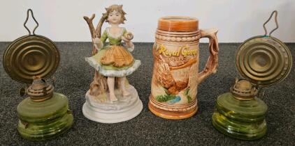 Flambro Porcelain Figurine Taiwan, Royal Gorge Colorado Stein Japan, Vintage Green Glass Wall Oil Lamps Pair