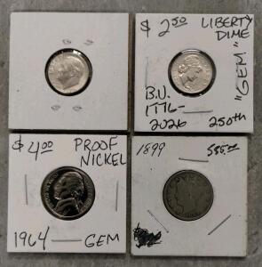 U.S. Collectible Coins: Roosevelt Dime, Fantasy Liberty Dime, Jefferson Nickel (Proof), Liberty Head Nickel