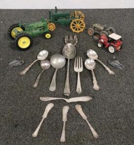 Vintage John Deere & IH Die-Cast Toy Tractors Lot with 16-Piece Silver-Plated Flatware, 1950s-80s