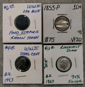 WWII OPA Ration Token, 1943 Steel Cent, 1853 Seated Liberty Dime, 1963-D Roosevelt Silver Dime