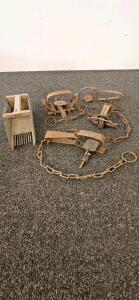 Vintage Steel Animal Traps And Antique Wild Berry Picker Hand Tool