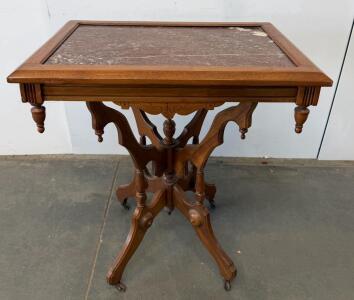Victorian Marble Top Parlor Table, Ornate Carved Walnut, Legs, Casters