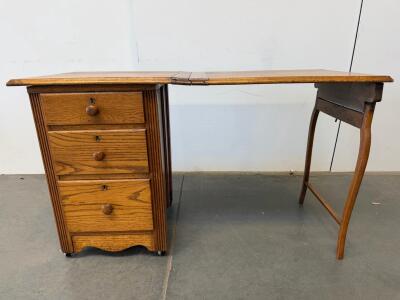 Vintage Wooden Sewing Table With Fold-Out Extension And Three Drawers