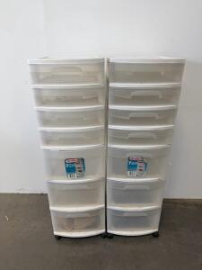 Sterilite 7-Drawer Rolling Storage Carts, Set Of 2, White Frame With Clear Drawers