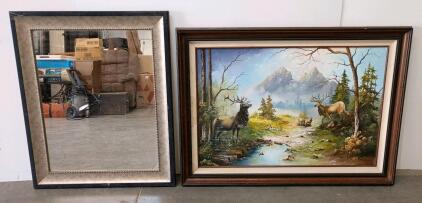 Large Rectangular Wall Mirror & Framed Daken Elk Landscape Oil Painting