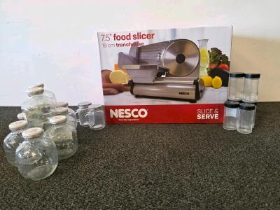 NESCO 7.5" Stainless Steel Food Slicer FS-250 With 16 Kitchen Glass & Plastic Storage Jars Set