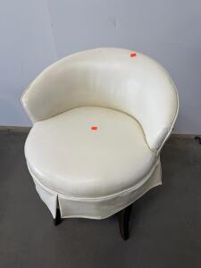 Vintage White Upholstered Vanity Chair, Barrel Back, Skirted, Wooden Legs, 28" High